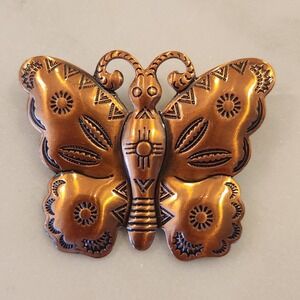 Vintage Copper-tone‎ Butterfly Brooch Pin Stamped Artisan Folk Southwestern